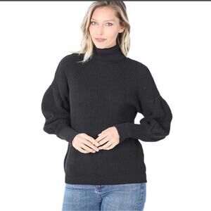 Zenana Puff Sleeve Turtleneck Sweater-Charcoal (Large)